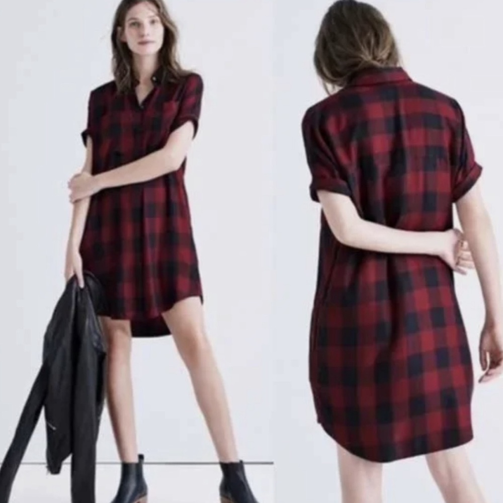 Madewell Womens Deep Red Black Plaid Courier Shift Shirt Dress Size XXS